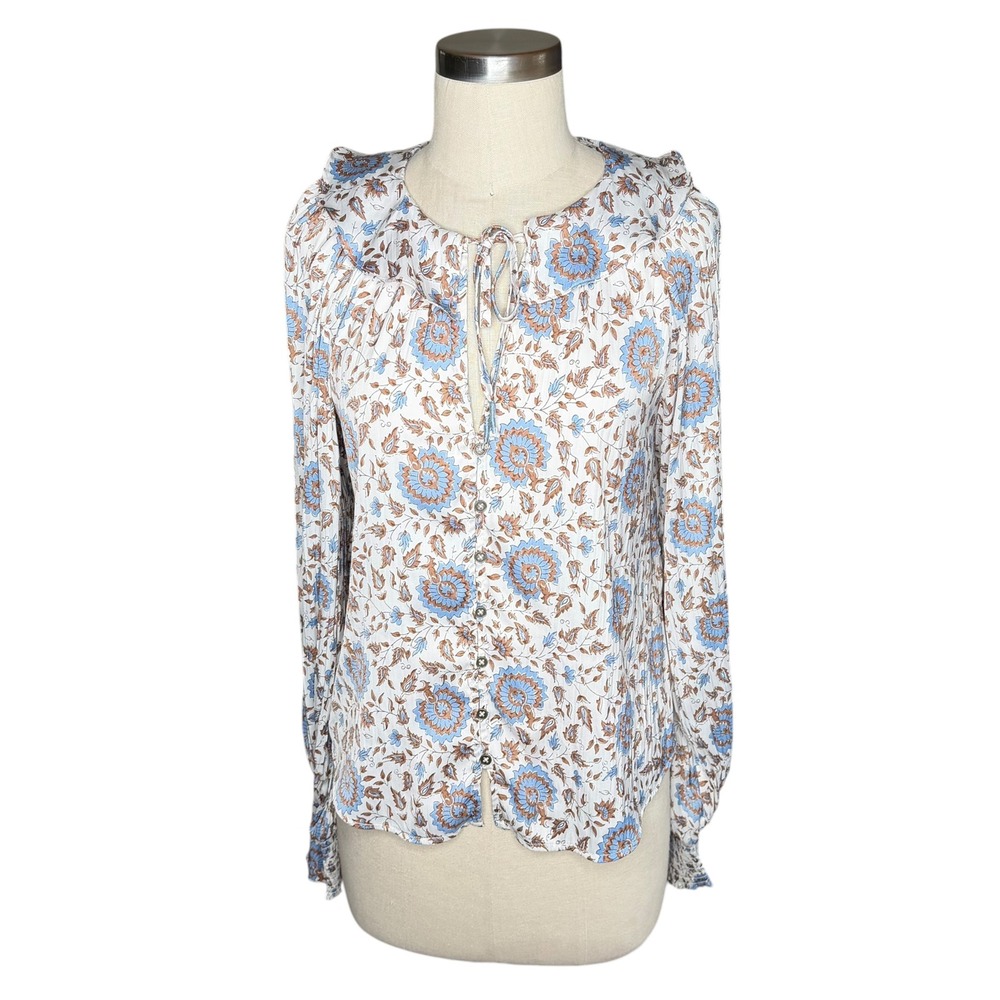 ANTHROPOLOGIE Button Front Peasant Blouse White Floral Ruffle Boho Women's Small